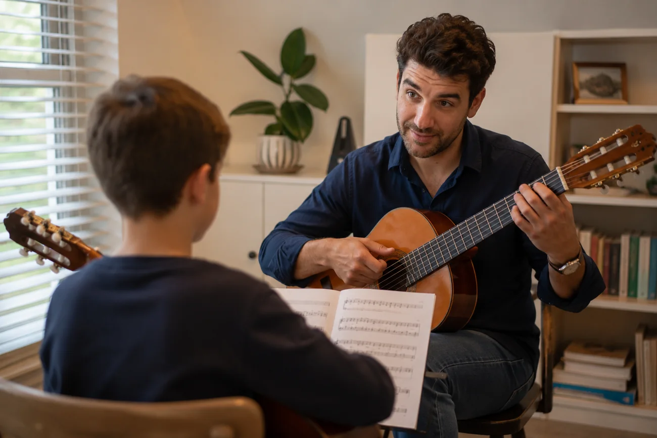 Balazs teaching classical guitar to a young student in Colchester